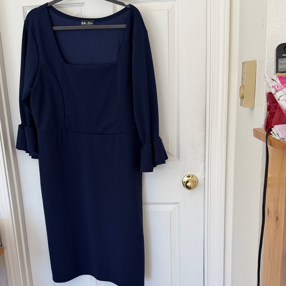 Bella Flore Navy 3/4 “ Long Sleeve Dress with Ruffle Cuffs